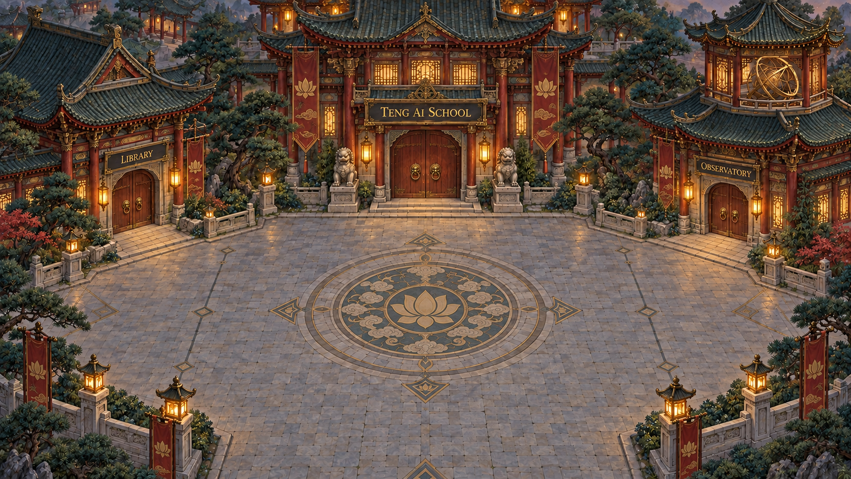 An original medieval castle with TENG AI SCHOOL above its gates and a broad stone courtyard